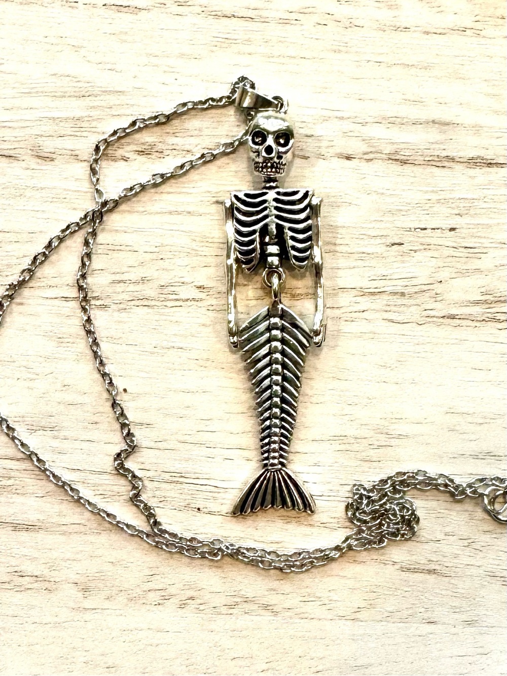 Silver Skeleton Mermaid articulating  Pendant Necklace  Skelton 3” chain 20”